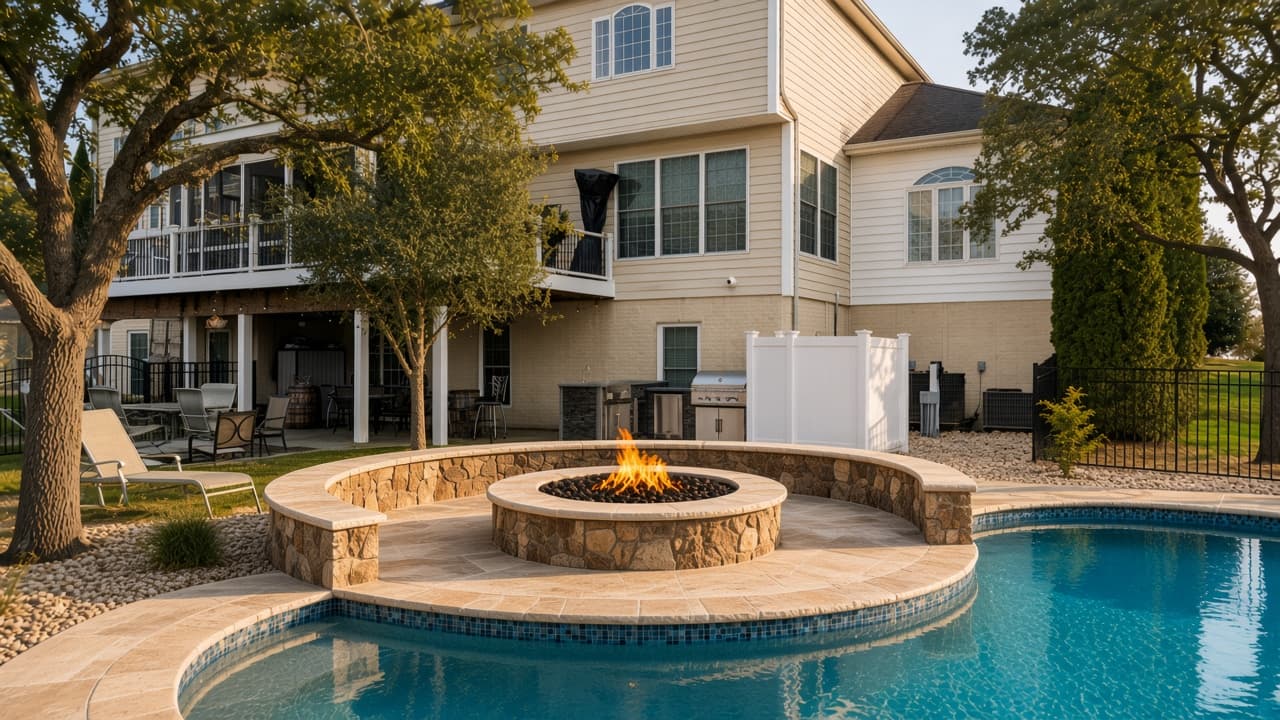 Design study of a round masonry fire pit with a curved seating wall at the pool edge