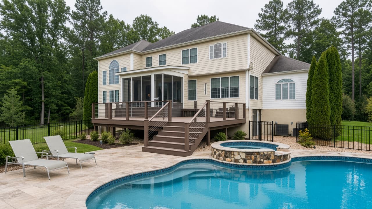Design study of a composite deck stepping down to a stone pool patio