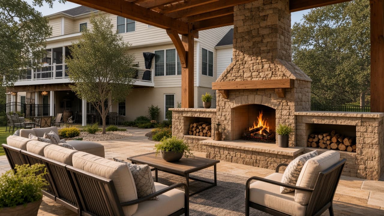 Design study of a masonry outdoor fireplace under a timber cover