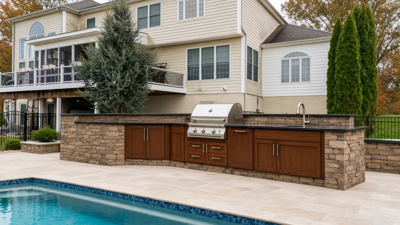 Design study of a stone and wood outdoor kitchen beside a pool