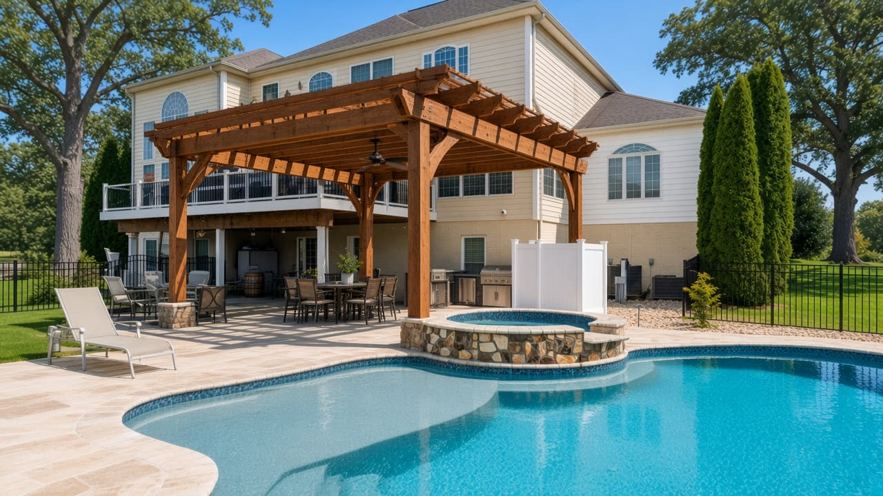 Design study of a timber pergola over a patio beside a pool and spa