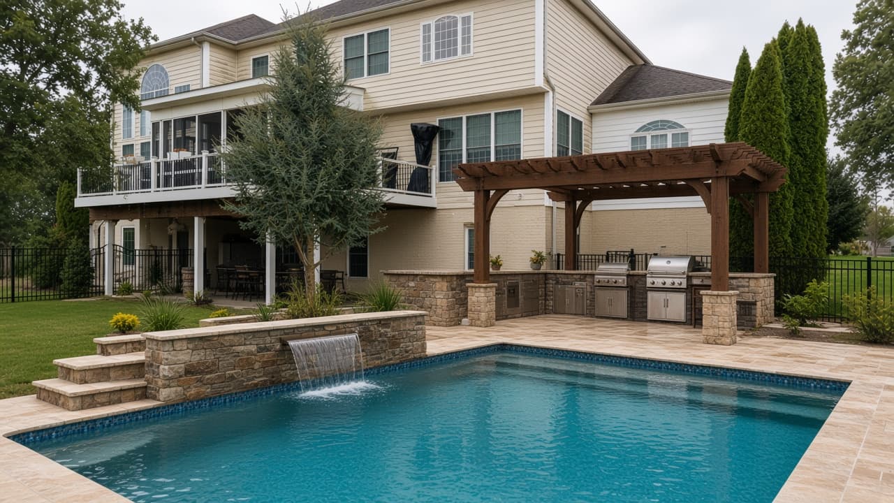 Design study of a complete backyard with pool, outdoor kitchen, and timber pergola