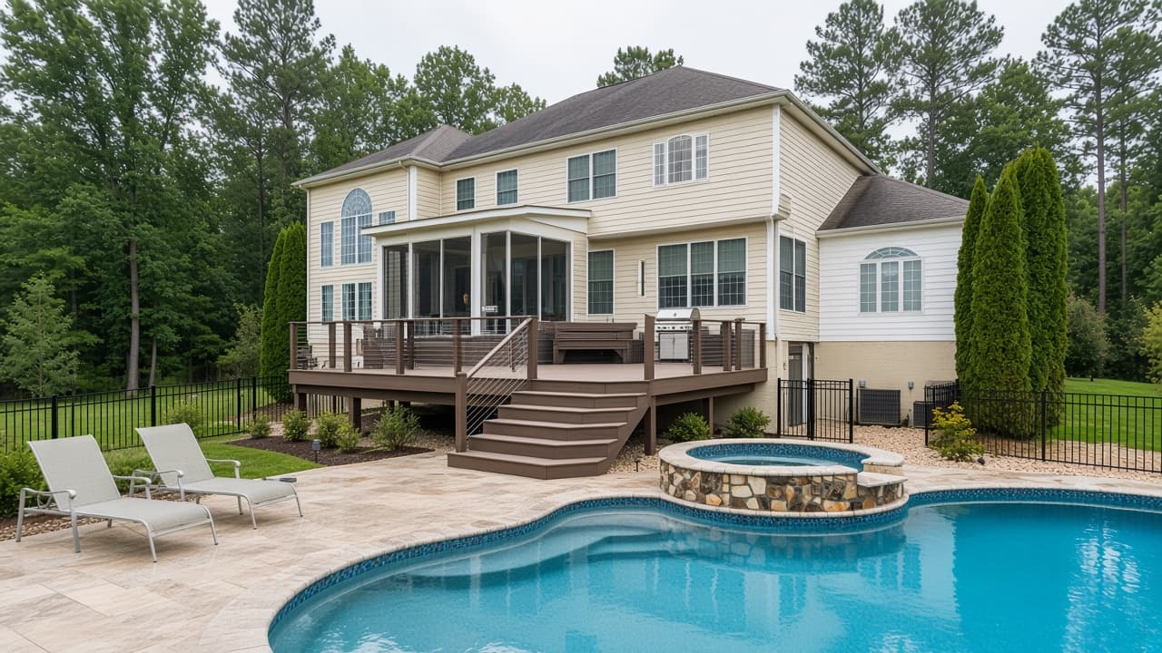 Composite deck and stone patio as the floor of an outdoor living space