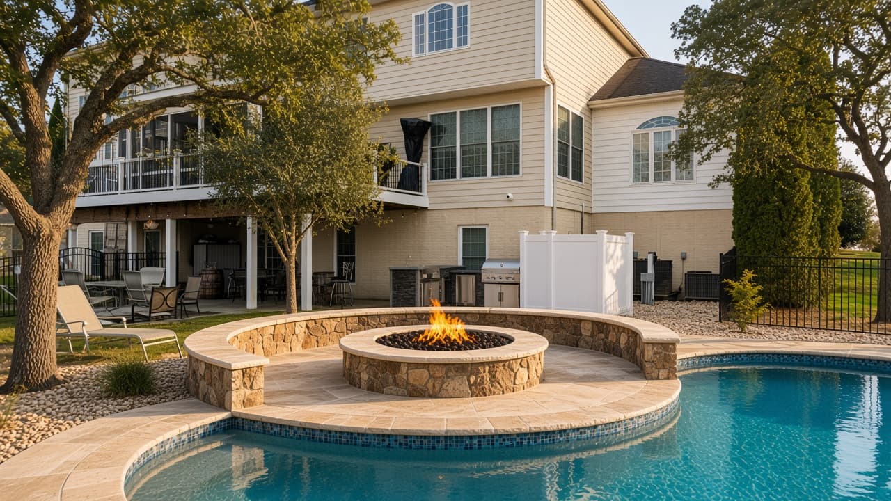 Design study of a round masonry fire pit with a stone seating wall beside a pool