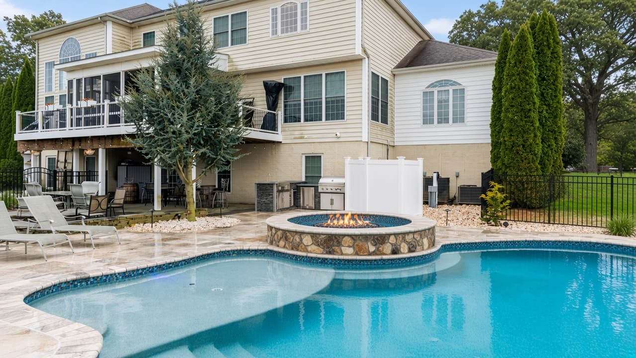 Design study of a gas fire table on a patio beside an inground pool