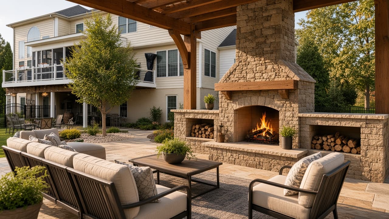 Masonry outdoor fireplace with stone chimney and patio seating
