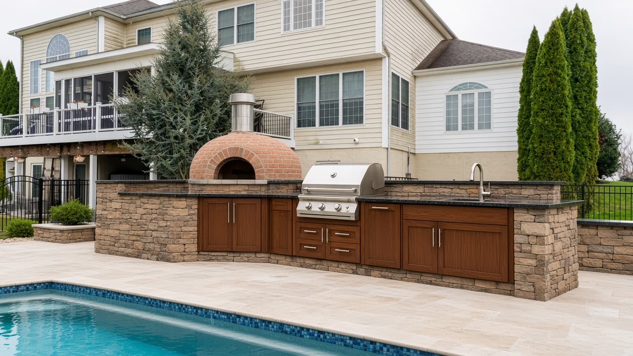Built-in outdoor kitchen island with grill, stone, and a pool edge