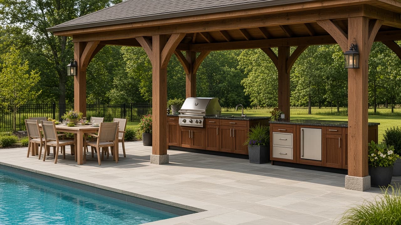 Design study of a covered outdoor kitchen pavilion with a full cooking line and dining table