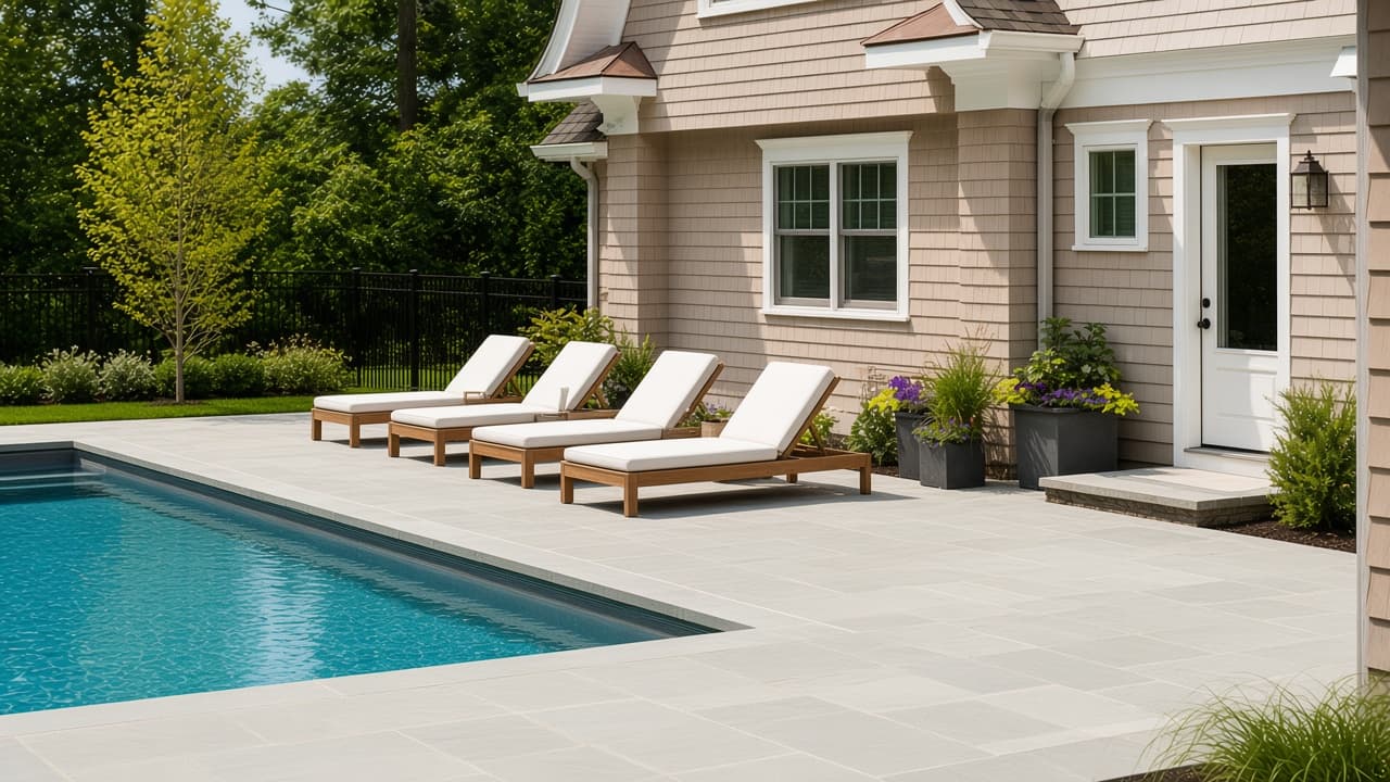 Design study of a rectangular stone patio and pool deck with tight paver joints