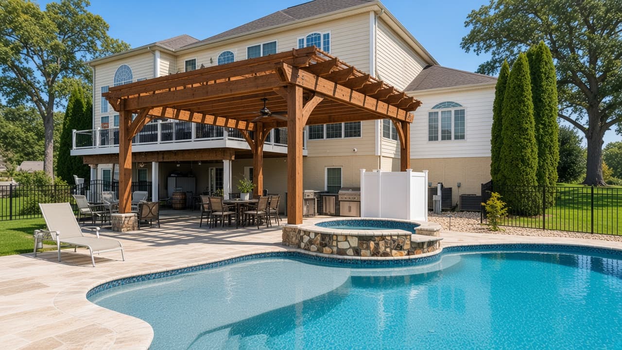 Heavy timber pergola throwing shade over a limestone patio